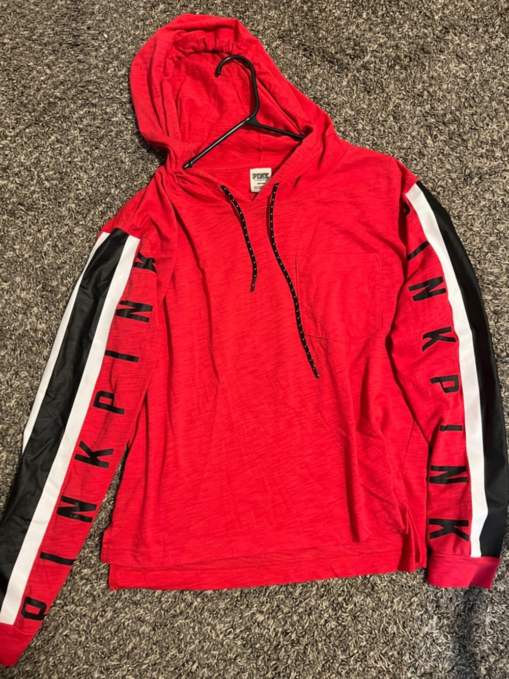 PINK Victoria's Secret Red Hooded Pullover with Black & White Sleeve Stripes